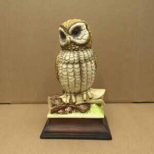 Vintage Porcelain Barn Owl on Log with Mushrooms Signed HK Statue Figurine